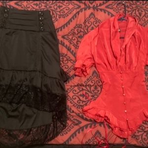 SCARLET DARKNESS Goth Lace UP Red Vintage Embroidered Tunic & Black Skirt Set